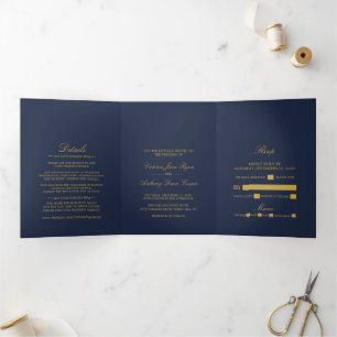 Simple Elegance Navy Blue & Gold Wedding Suite Tri-Fold Invitation
