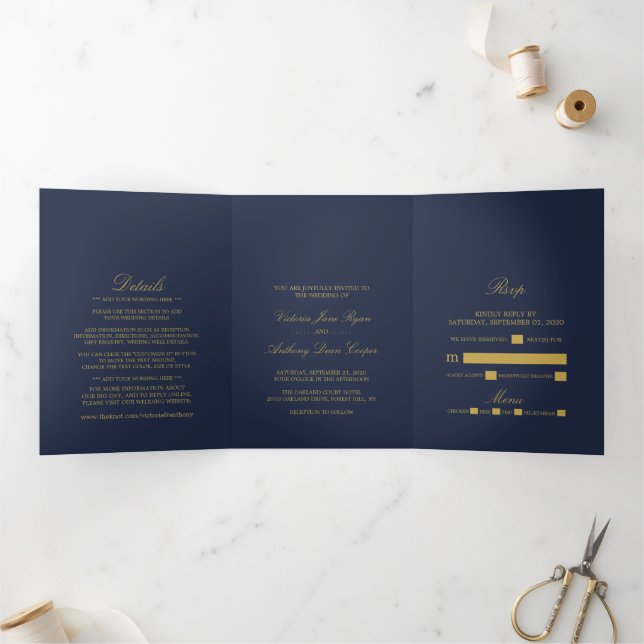 Simple Elegance Navy Blue & Gold Wedding Suite Tri-Fold Invitation (Inside)