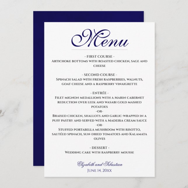 Simple Elegance Navy Blue & White Wedding  Menu (Front/Back)