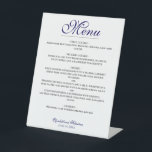 Simple Elegance Navy Blue & White Wedding  Menu Pedestal Sign<br><div class="desc">This pedestal sign is a great way to let your wedding guests know what's for dinner. It features a simple yet elegant design with fancy navy blue coloured script lettering on a white background with the word "Menu" at the top, and the names of the couple and wedding date below....</div>