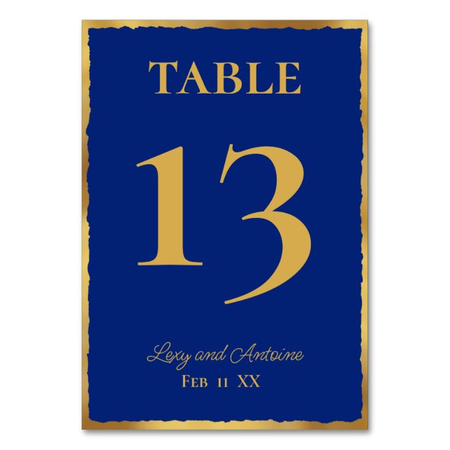 Simple Elegance Personalised Royal Blue Gold Edge Table Number (Front)