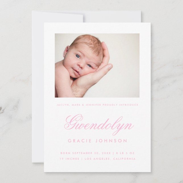 Simple Elegance Photo Girl Birth Announcement Card (Front)