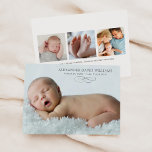 Simple Elegance Photo Overlay Baby Boy Birth Announcement<br><div class="desc">Announce your new baby boy or girl to family and friends in style with this simple and sleek photo birth announcement. Features an elegant text overlay on the front featured photo, and three square photos on the back of the card with text that can be personalised. Use the "customise it"...</div>