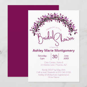 Simple Elegance Purple Leafy Arch Bridal Shower Invitation