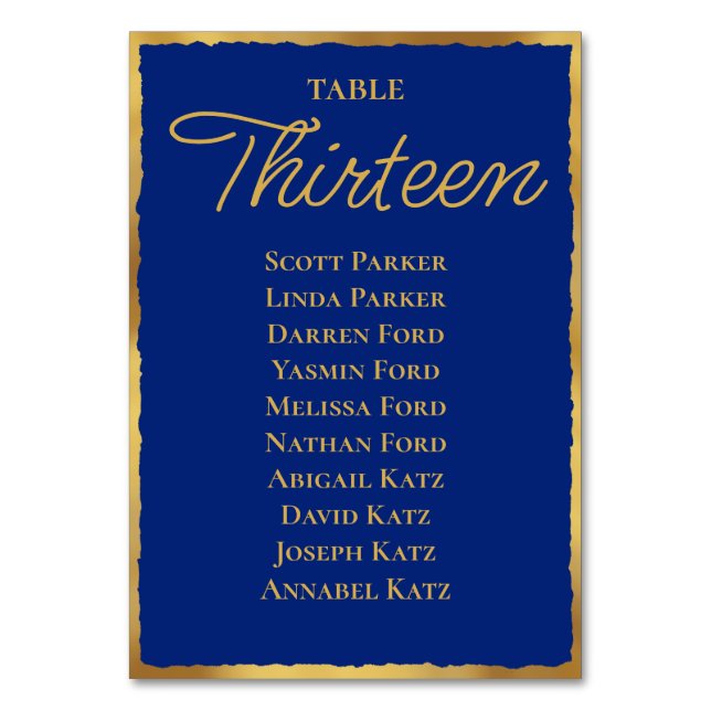 Simple Elegance Royal Blue Gold Edge Seating Chart Table Number (Front)