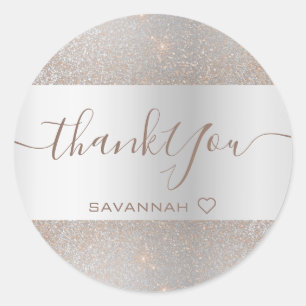 Simple Elegance Silver Rose Gold Glitter Thank You Classic Round Sticker