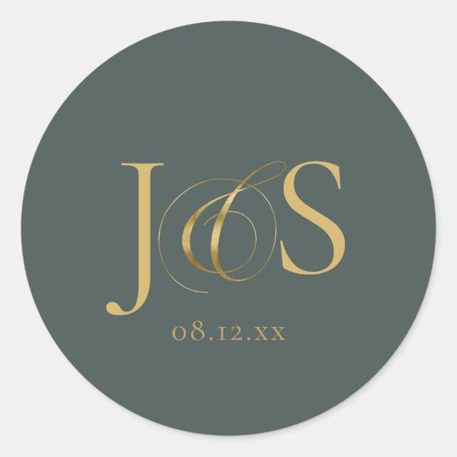 Simple Elegance Wedding Initials Green ID1022 Classic Round Sticker (Front)