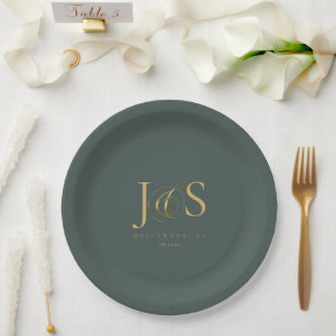 Simple Elegance Wedding Initials Green ID1022 Paper Plate