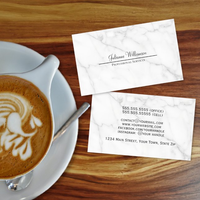 Simple Elegance White Marble Info on Back Business Card (Front/Back)