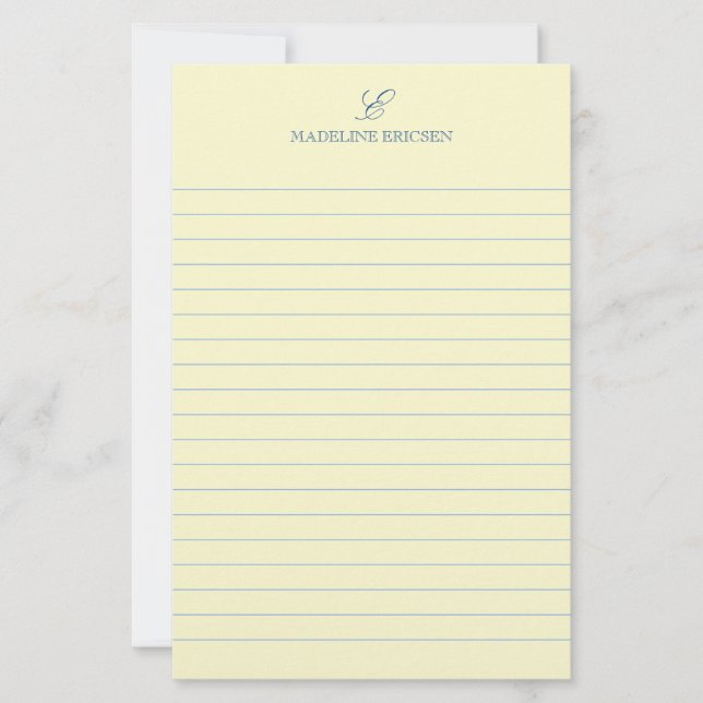 Simple Elegance Yellow Blue Monogram Lined Stationery (Front)