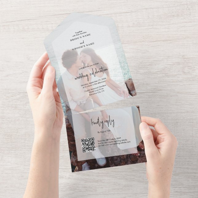 Simple Elegant 2 Photo Overlay Script Wedding All In One Invitation (Tearaway)