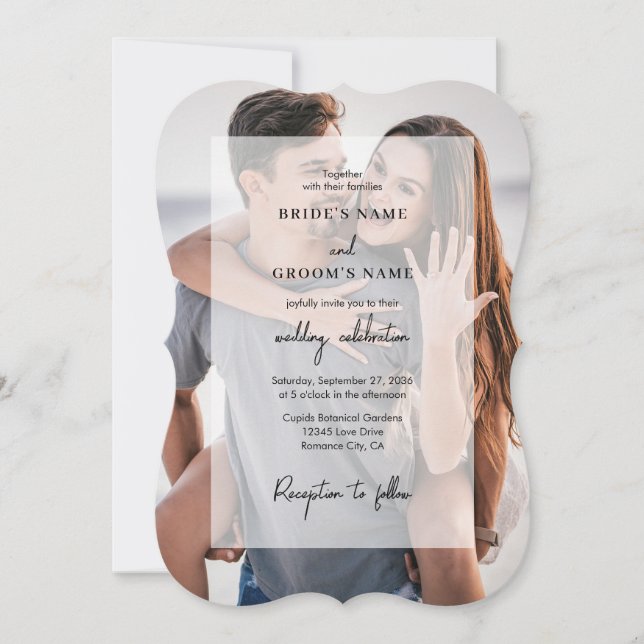 Simple Elegant 2 Photo Overlay Script Wedding Invitation (Front)