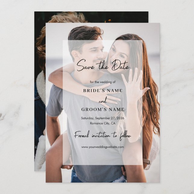 Simple Elegant 2 Photo Overlay Script Wedding Save The Date (Front/Back)