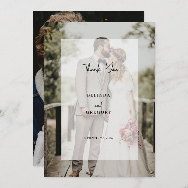 Simple Elegant 2 Photo Overlay Script Wedding Thank You Card (Front/Back)