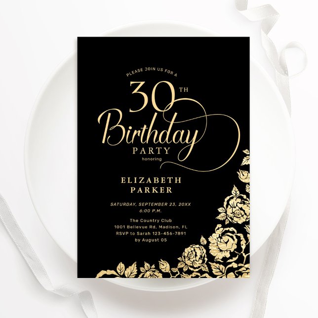 Simple Elegant 30th Birthday Black Gold Roses Invitation (Creator Uploaded)