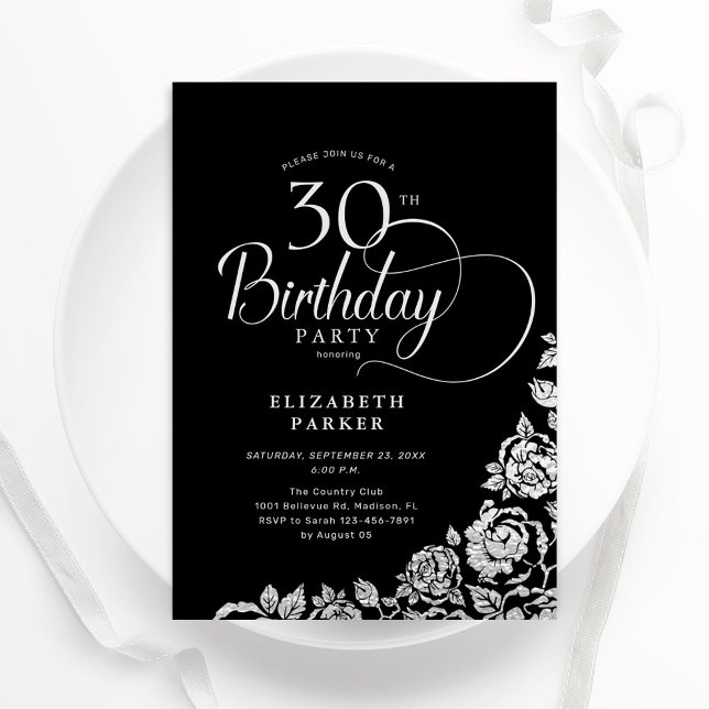 Simple Elegant 30th Birthday Black Silver Roses Invitation (Creator Uploaded)
