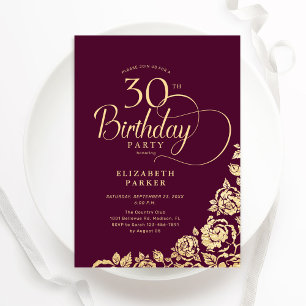 Simple Elegant 30th Birthday Burgundy Gold Invitation