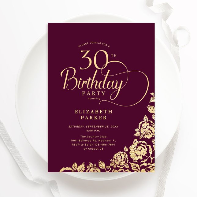 Simple Elegant 30th Birthday Burgundy Gold Invitation (Creator Uploaded)