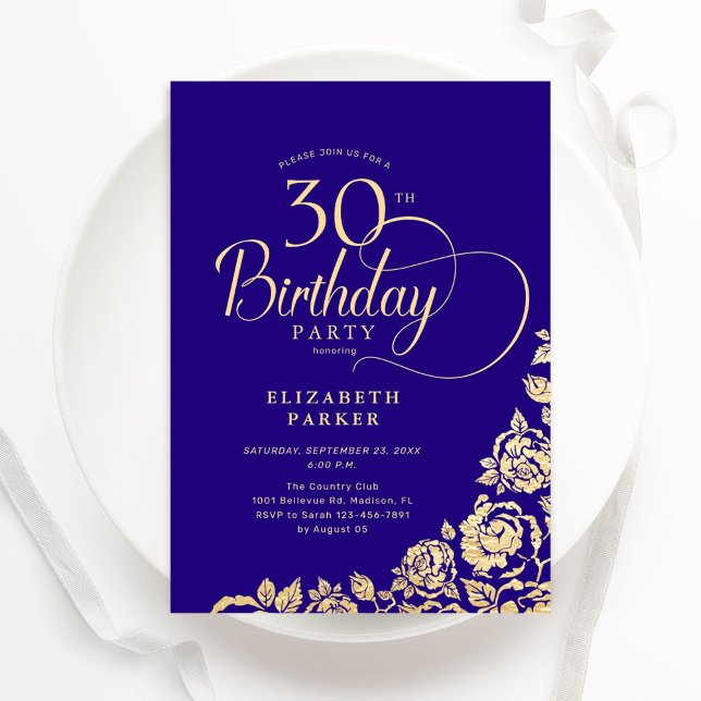 Simple Elegant 30th Birthday Purple Gold Roses Invitation (Creator Uploaded)