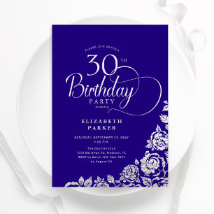 Simple Elegant 30th Birthday Purple Silver Roses Invitation