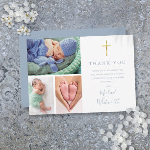 Simple Elegant 3 Photo Signature Script Baptism Thank You Card