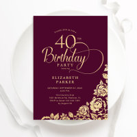 Simple Elegant 40th Birthday Burgundy Gold