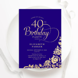 Simple Elegant 40th Birthday Purple Gold Roses Invitation