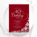 Simple Elegant 40th Birthday Red Silver Roses Invitation<br><div class="desc">Simple elegant 40th birthday party invitation in red and silver. Classy design featuring roses, faux silver foil and typography script font. Trendy invite card perfect for a stylish female bday celebration. Personalise with your own details. Can be customised to any age. Printed Zazzle invitations or instant download digital printable template....</div>