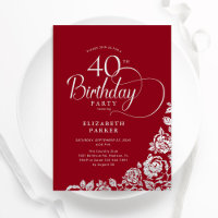 Simple Elegant 40th Birthday Red Silver Roses