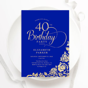 Simple Elegant 40th Birthday Royal Blue Gold Roses Invitation