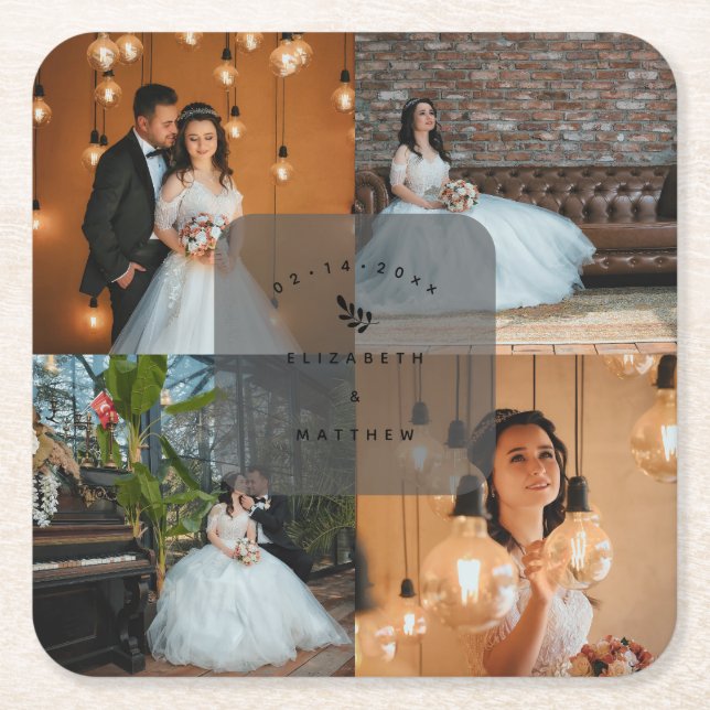 Simple Elegant 4 Photo Collage Wedding Party Square Paper Coaster (Front)