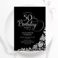 Simple Elegant 50th Birthday Black Silver Roses