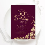 Simple Elegant 50th Birthday Burgundy Gold Invitation<br><div class="desc">Simple elegant 50th birthday party invitation in burgundy and gold. Classy design featuring roses, faux gold foil and typography script font. Trendy invite card perfect for a stylish female bday celebration. Personalise with your own details. Can be customised to any age. Printed Zazzle invitations or instant download digital printable template....</div>