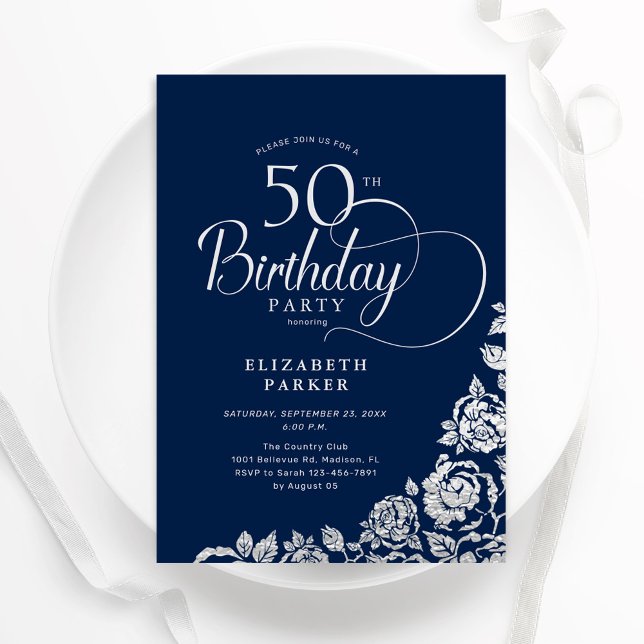 Simple Elegant 50th Birthday Navy Silver Roses Invitation (Creator Uploaded)