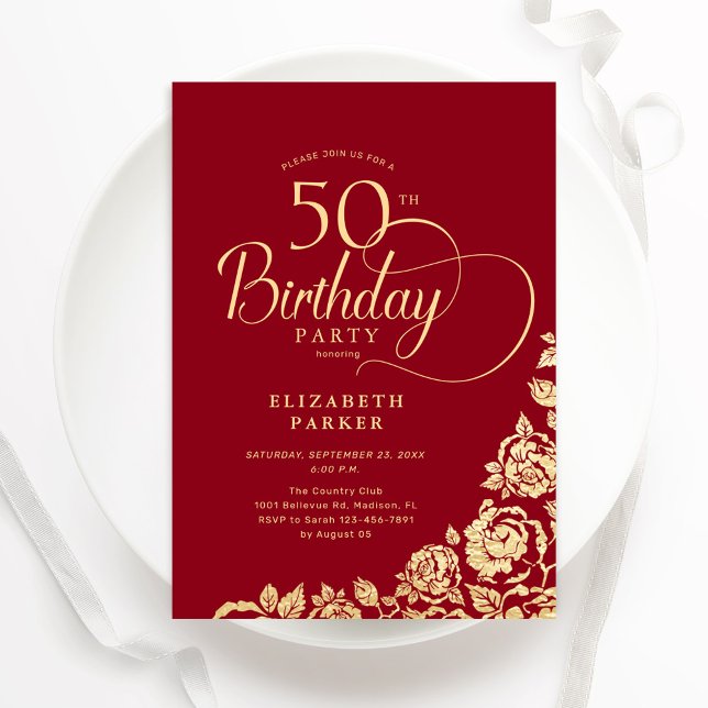 Simple Elegant 50th Birthday Red Gold Roses Invitation (Creator Uploaded)