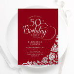 Simple Elegant 50th Birthday Red Silver Roses Invitation<br><div class="desc">Simple elegant 50th birthday party invitation in red and silver. Classy design featuring roses, faux silver foil and typography script font. Trendy invite card perfect for a stylish female bday celebration. Personalise with your own details. Can be customised to any age. Printed Zazzle invitations or instant download digital printable template....</div>