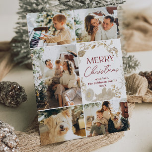 Simple Elegant 5 Photo Grid Red Christmas Card