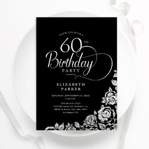 Simple Elegant 60th Birthday Black Silver Roses Invitation