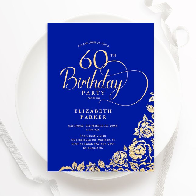 Simple Elegant 60th Birthday Royal Blue Gold Roses Invitation (Creator Uploaded)