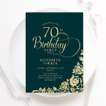 Simple Elegant 70th Birthday Emerald Green Gold Invitation<br><div class="desc">Simple elegant 70th birthday party invitation in emerald green and gold. Classy design featuring roses, faux gold foil and typography script font. Trendy invite card perfect for a stylish female bday celebration. Personalise with your own details. Can be customised to any age. Printed Zazzle invitations or instant download digital printable...</div>