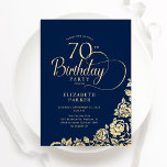 Simple Elegant 70th Birthday Navy Blue Gold Roses Invitation<br><div class="desc">Simple elegant 70th birthday party invitation in navy blue and gold. Classy design featuring roses, faux gold foil and typography script font. Trendy invite card perfect for a stylish female bday celebration. Personalise with your own details. Can be customised to any age. Printed Zazzle invitations or instant download digital printable...</div>