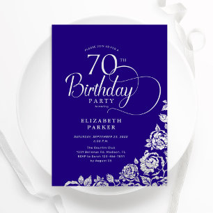 Simple Elegant 70th Birthday Purple Silver Roses Invitation