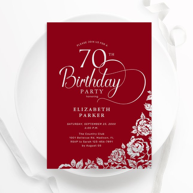 Simple Elegant 70th Birthday Red Silver Roses Invitation (Creator Uploaded)