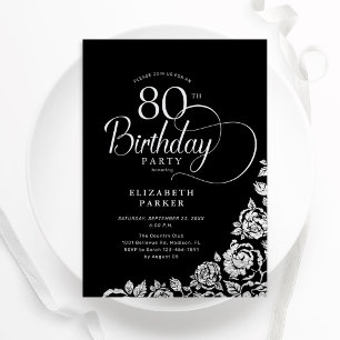 Simple Elegant 80th Birthday Black Silver Roses Invitation