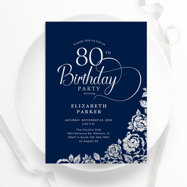 Simple Elegant 80th Birthday Navy Silver Roses Invitation (Creator Uploaded)