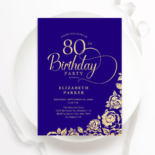Simple Elegant 80th Birthday Purple Gold Roses Invitation