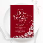 Simple Elegant 80th Birthday Red Silver Roses Invitation<br><div class="desc">Simple elegant 80th birthday party invitation in red and silver. Classy design featuring roses, faux silver foil and typography script font. Trendy invite card perfect for a stylish female bday celebration. Personalise with your own details. Can be customised to any age. Printed Zazzle invitations or instant download digital printable template....</div>