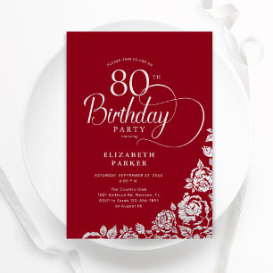Simple Elegant 80th Birthday Red Silver Roses Invitation
