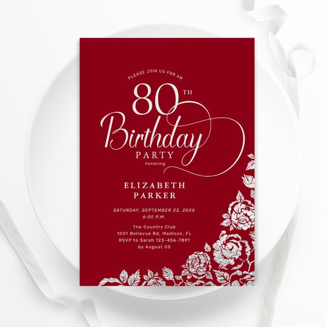 Simple Elegant 80th Birthday Red Silver Roses Invitation (Creator Uploaded)