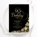 Simple Elegant 90th Birthday Black Gold Roses Invitation<br><div class="desc">Simple elegant 90th birthday party invitation in black and gold. Classy design featuring roses, faux gold foil and typography script font. Trendy invite card perfect for a stylish female bday celebration. Personalise with your own details. Can be customised to any age. Printed Zazzle invitations or instant download digital printable template....</div>